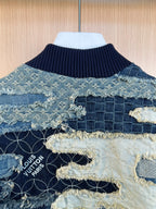 Louis Vuitton logo patch on patchwork denim jacket with frayed collar trim