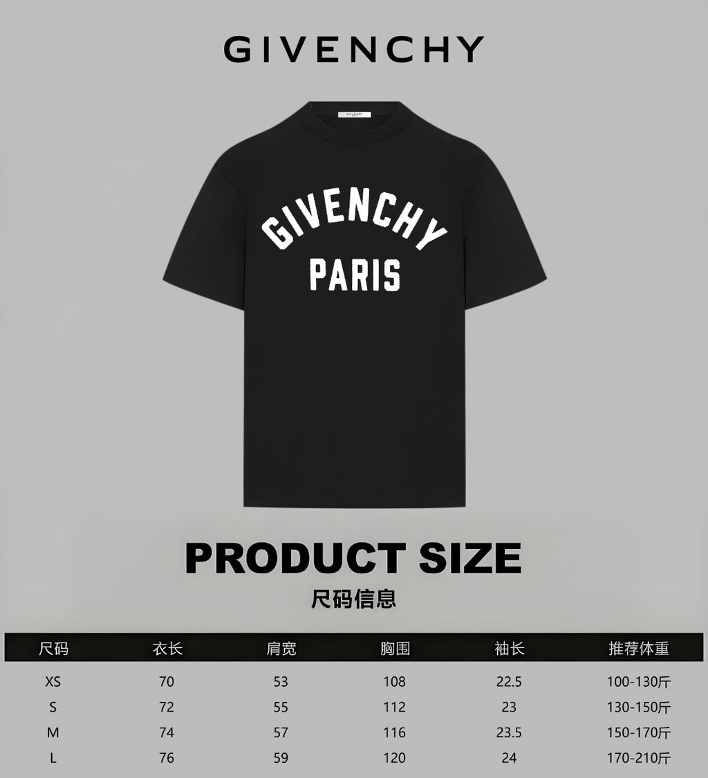 Givenchy Paris logo T-shirt with product size chart and measurements