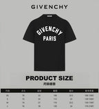 Givenchy Paris logo T-shirt with product size chart and measurements