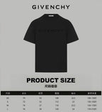 Givenchy T-shirt on size chart page with product dimensions