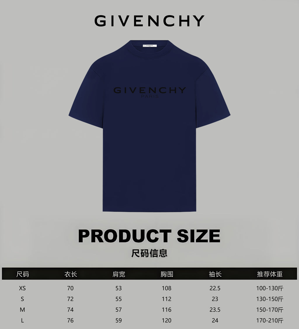 Navy Givenchy T-shirt front view with product size chart