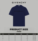 Navy Givenchy T-shirt front view with product size chart