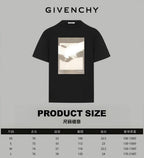 Givenchy black T-shirt front graphic with product size chart overlay