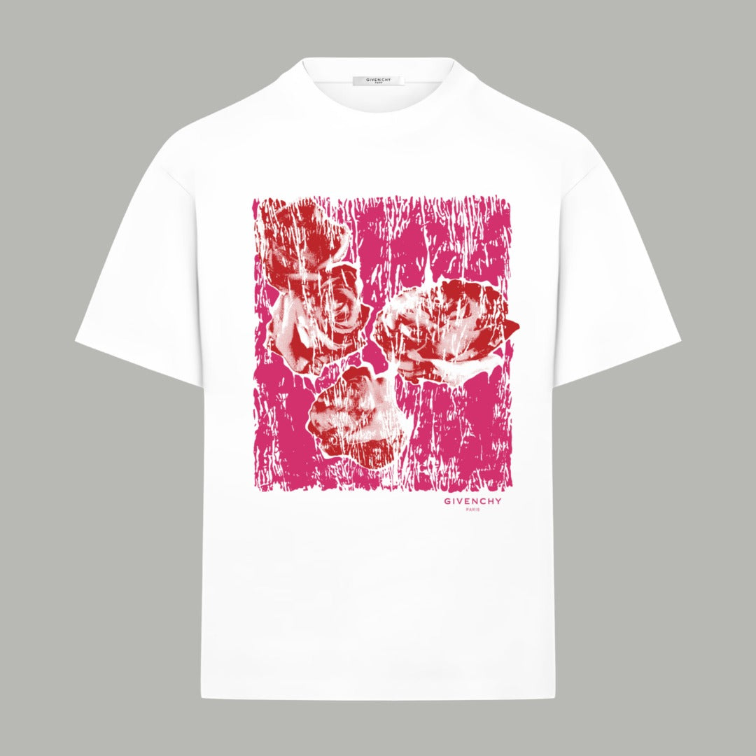 White Givenchy crew-neck T-shirt with red/pink graphic print on the chest