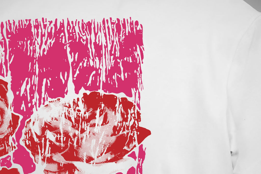 Chest graphic on white Givenchy T-shirt: red/pink textured print detail