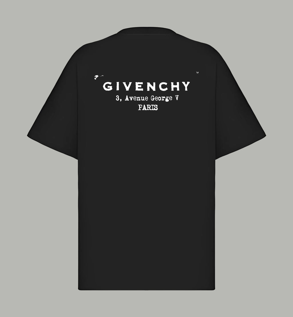 Black T-shirt with large back Givenchy graphic and address text