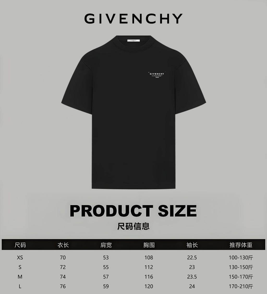 Black Givenchy T-shirt with product size chart