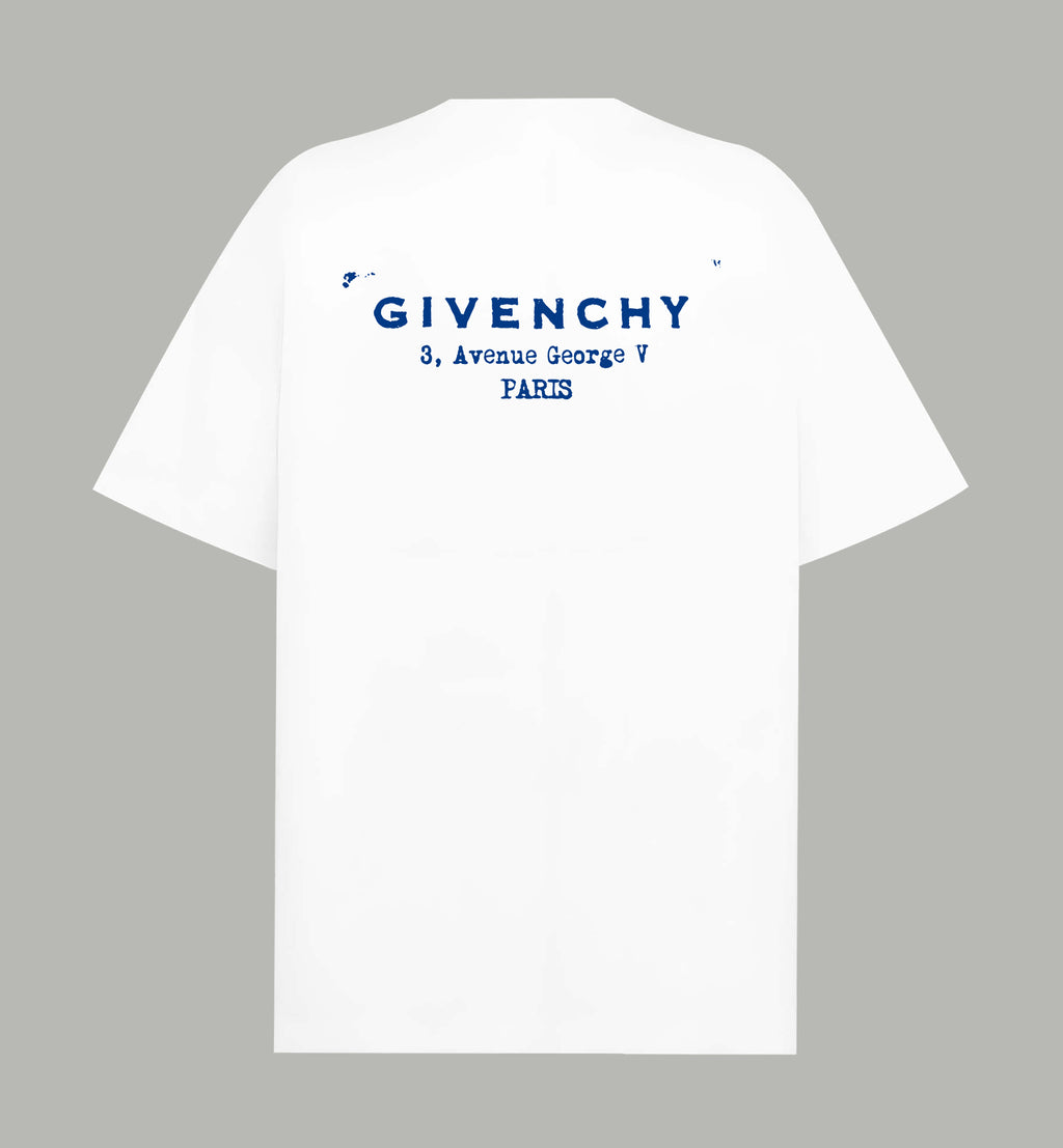 White Givenchy T-shirt with blue chest logo and Paris address print