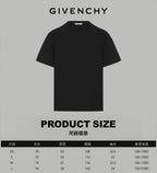 Black short-sleeve T-shirt with GIVENCHY and product size chart