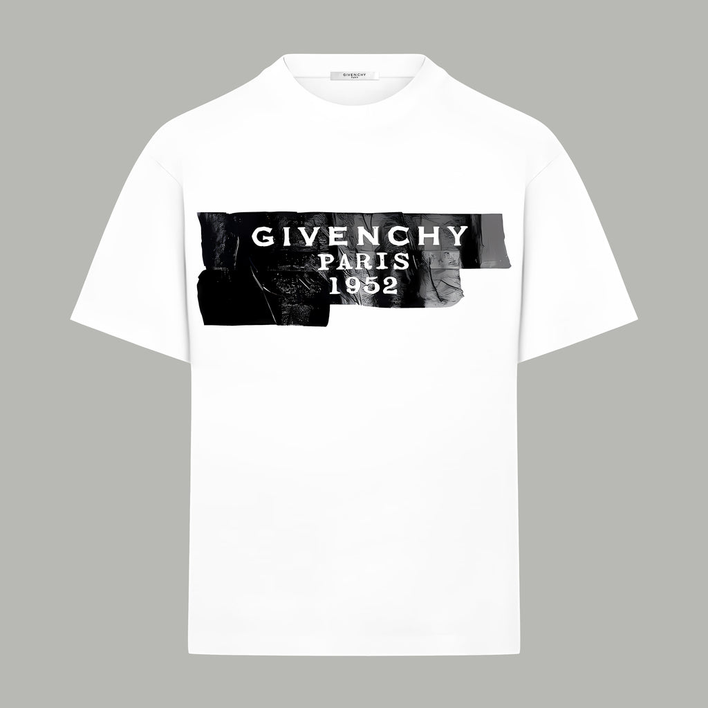 White crewneck T-shirt with black Givenchy Paris 1952 front graphic