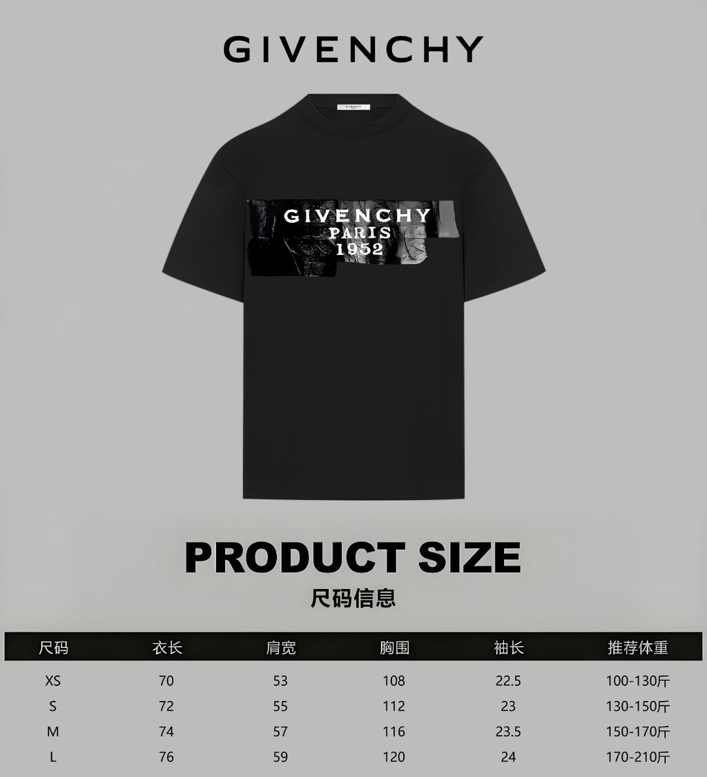 Black T-shirt front with product size chart and measurements table