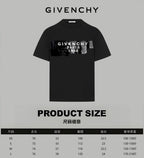Black T-shirt front with product size chart and measurements table