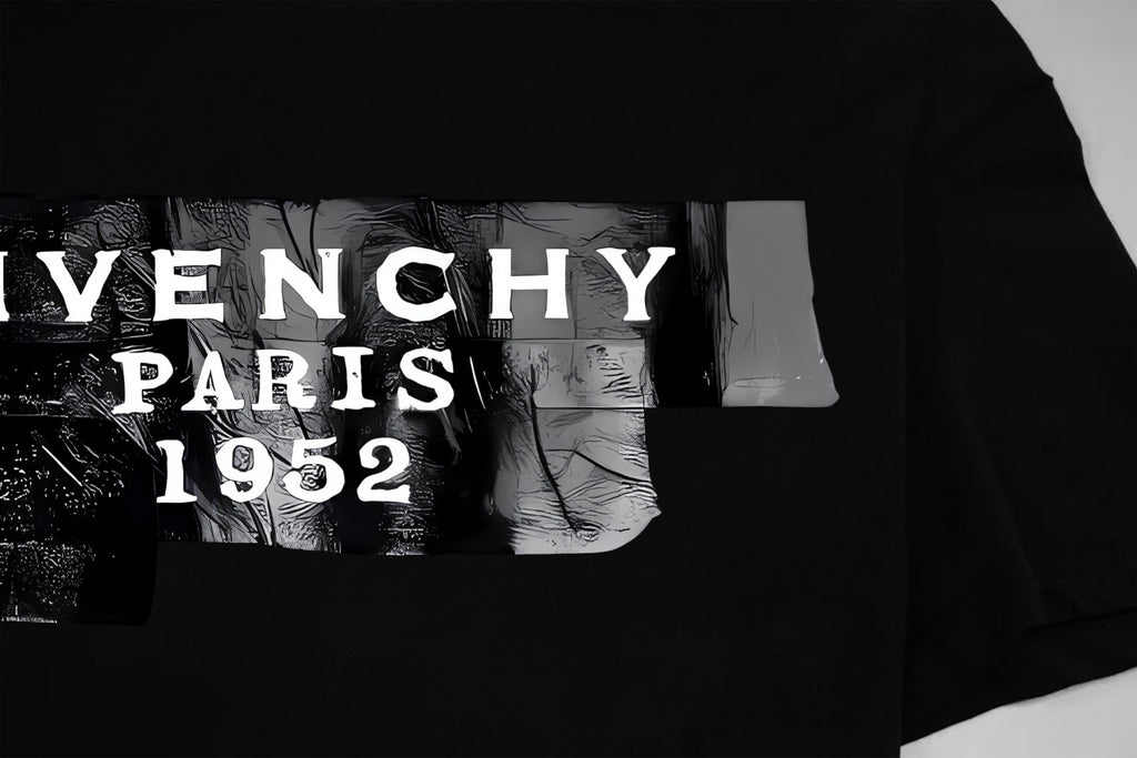 Black T-shirt close-up of PARIS 1952 logo graphic on chest