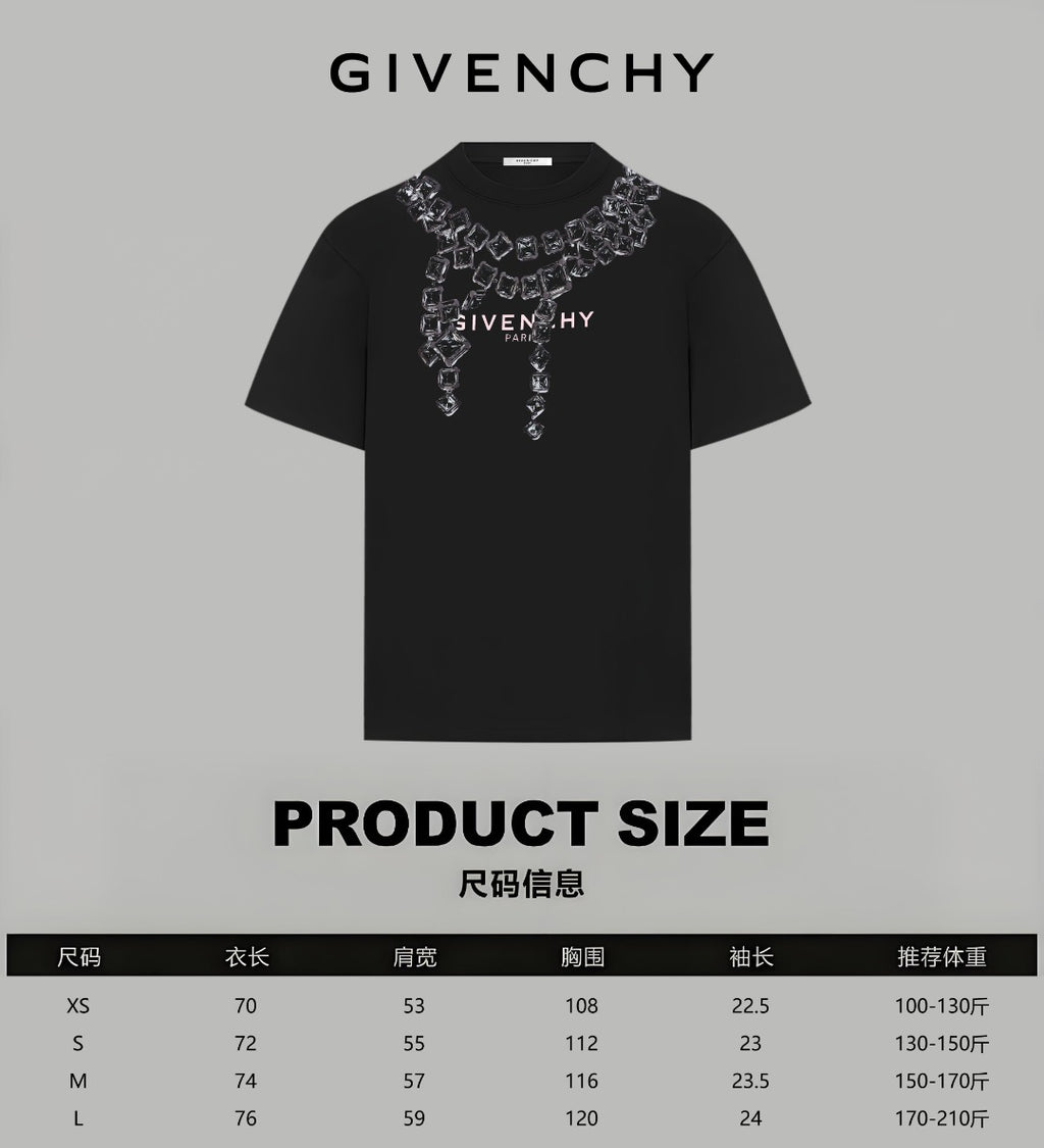 Givenchy T-shirt size chart with front crystal logo graphic