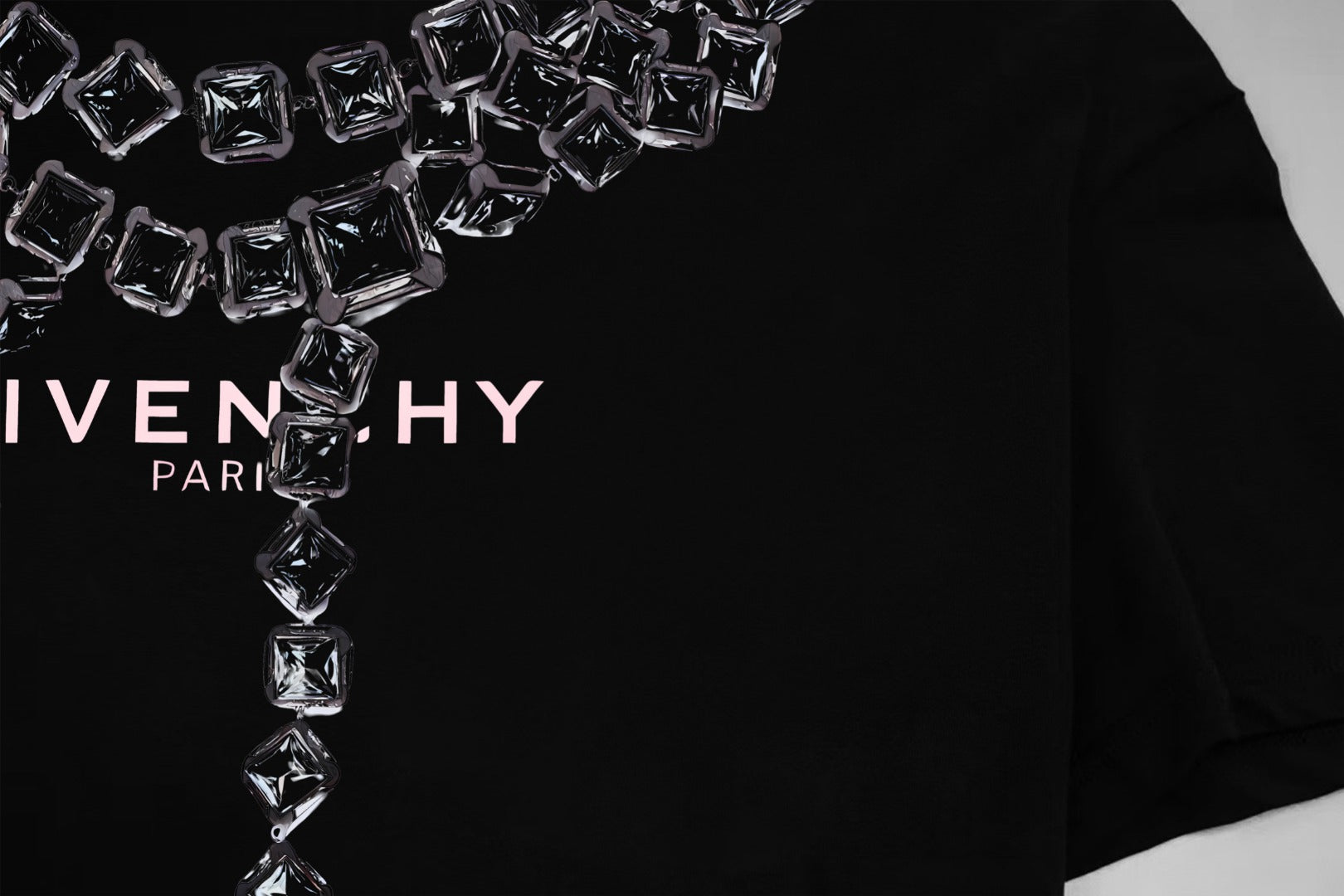 Black T-shirt neckline with crystal GIVENCHY PARIS graphic close-up