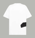 White T-shirt back with black graphic patch on lower right