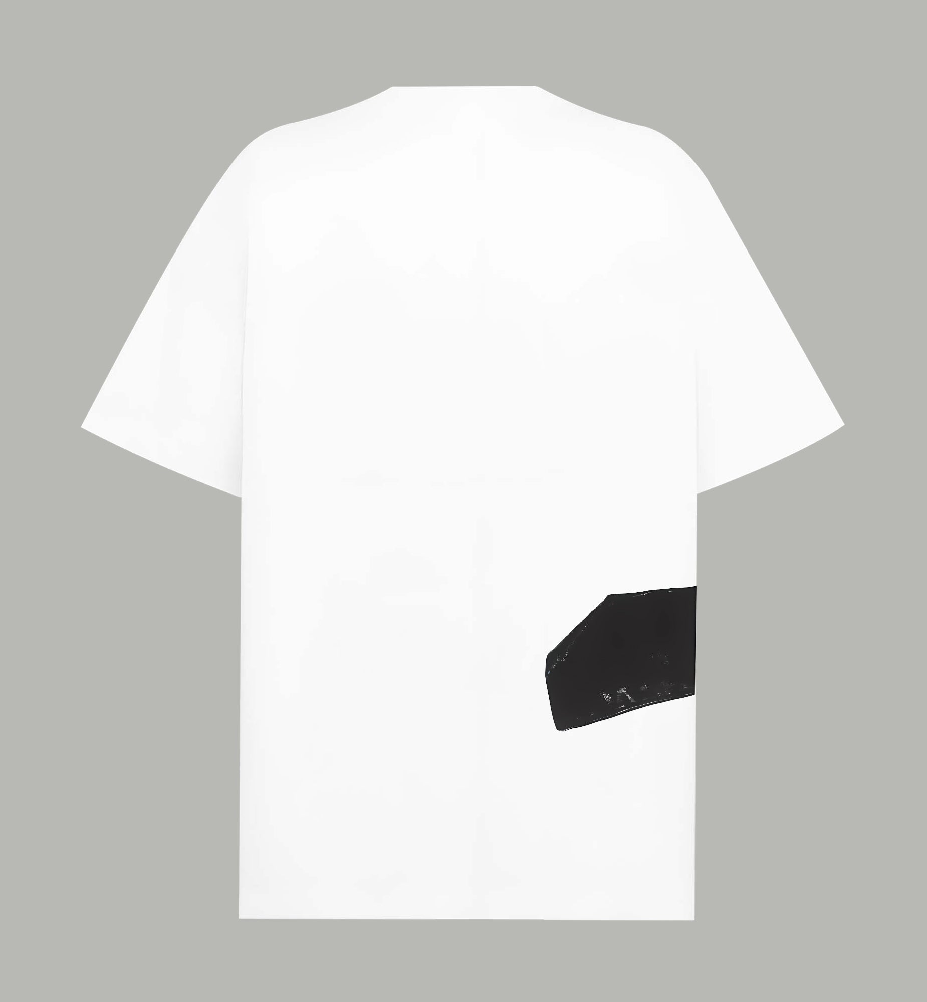 White T-shirt back with black graphic patch on lower right