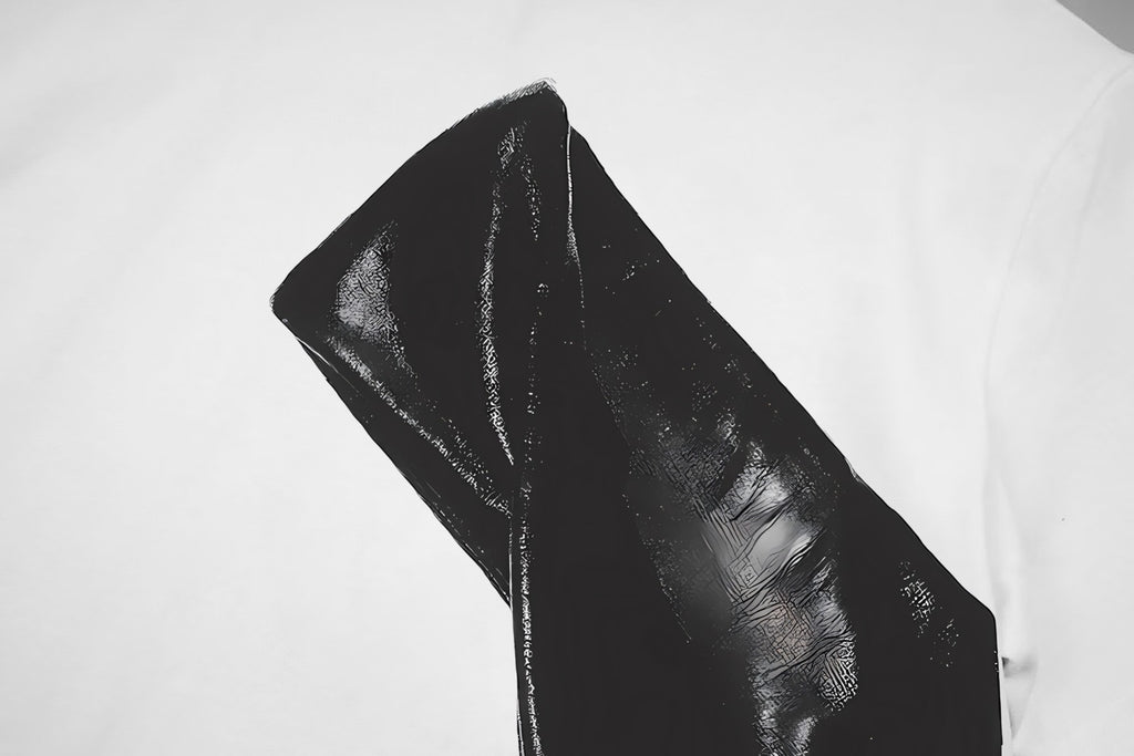 White T-shirt with close-up of black graphic print detail