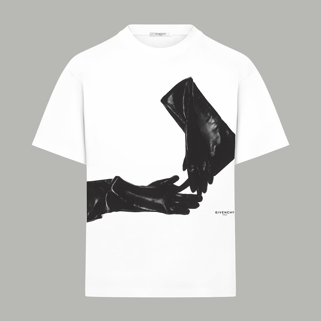 White T-shirt with black graphic print and Givenchy logo at chest