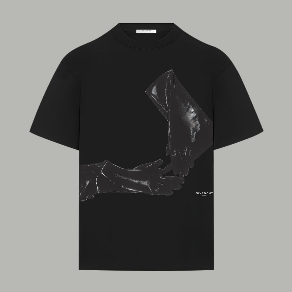 Black Givenchy T-shirt with large silver-toned portrait graphic on the front