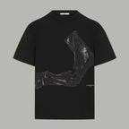 Black Givenchy T-shirt with large silver-toned portrait graphic on the front