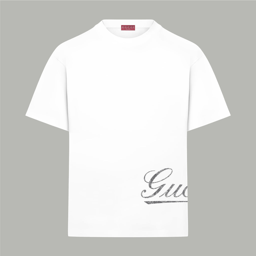 White T-shirt with short sleeves and partial cursive logo print on hem