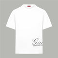 White T-shirt with short sleeves and partial cursive logo print on hem