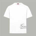 White T-shirt with short sleeves and partial cursive logo print on hem