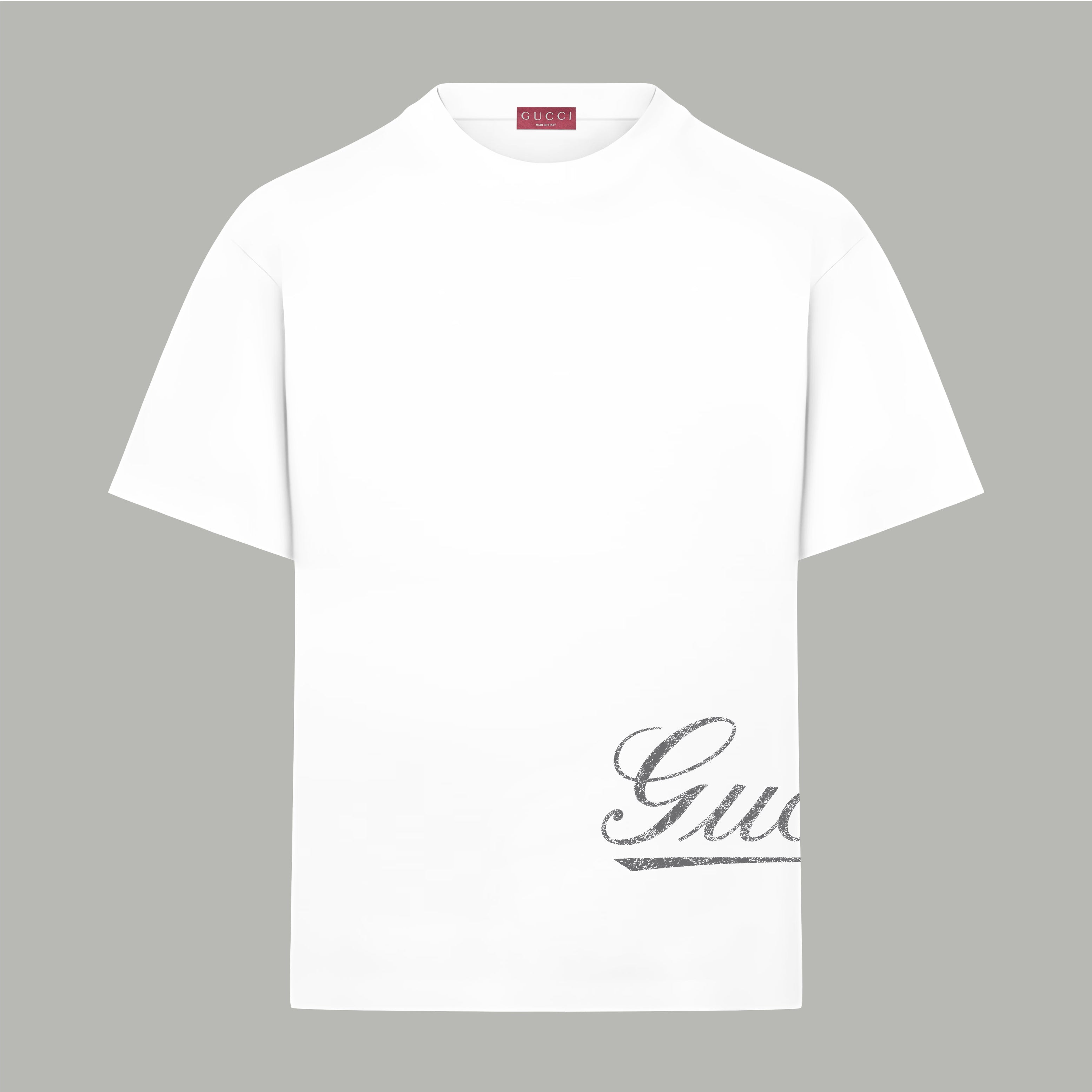 White T-shirt with short sleeves and partial cursive logo print on hem