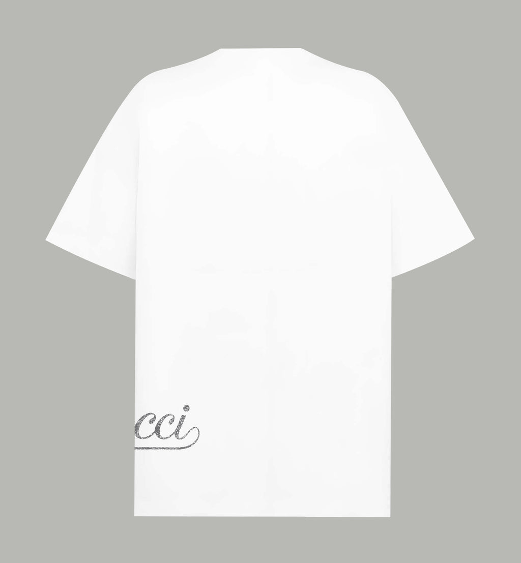 White T-shirt with short sleeves, back view, partial cursive logo print at side