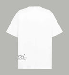 White T-shirt with short sleeves, back view, partial cursive logo print at side