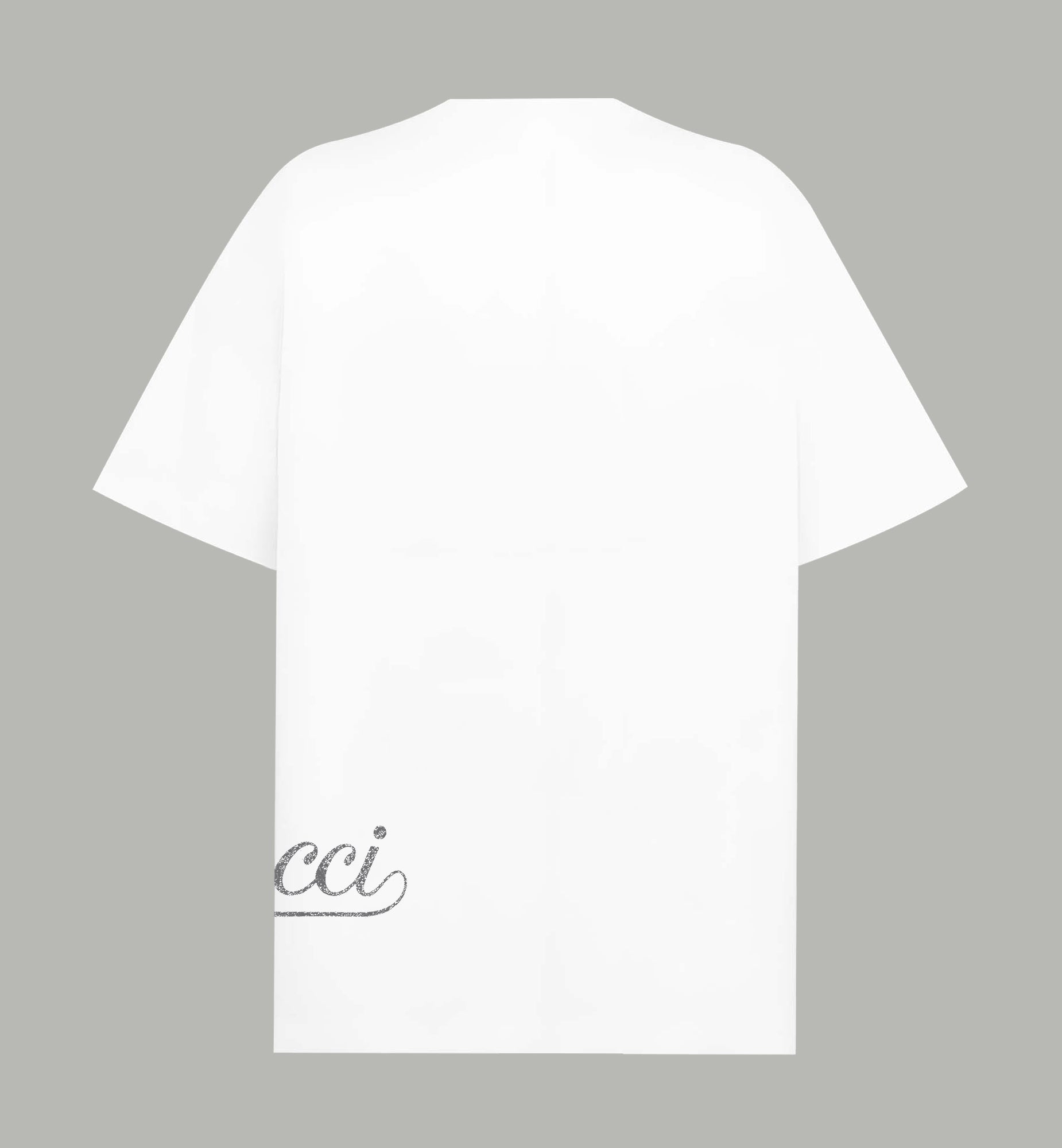 White T-shirt with short sleeves, back view, partial cursive logo print at side