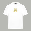 White Versace T-shirt with small gold Medusa crest graphic at chest