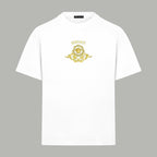 White Versace T-shirt with small gold Medusa crest graphic at chest