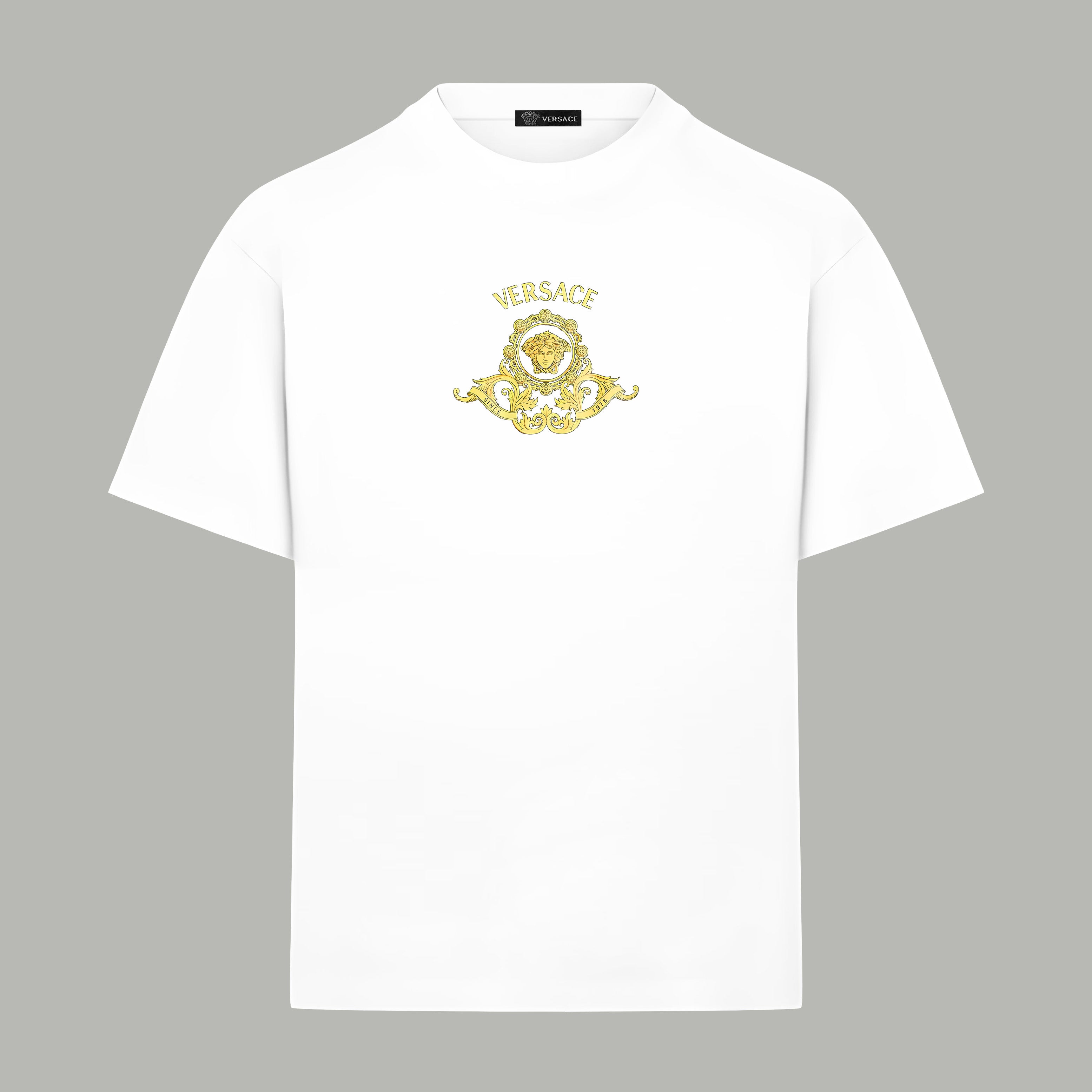 White Versace T-shirt with small gold Medusa crest graphic at chest