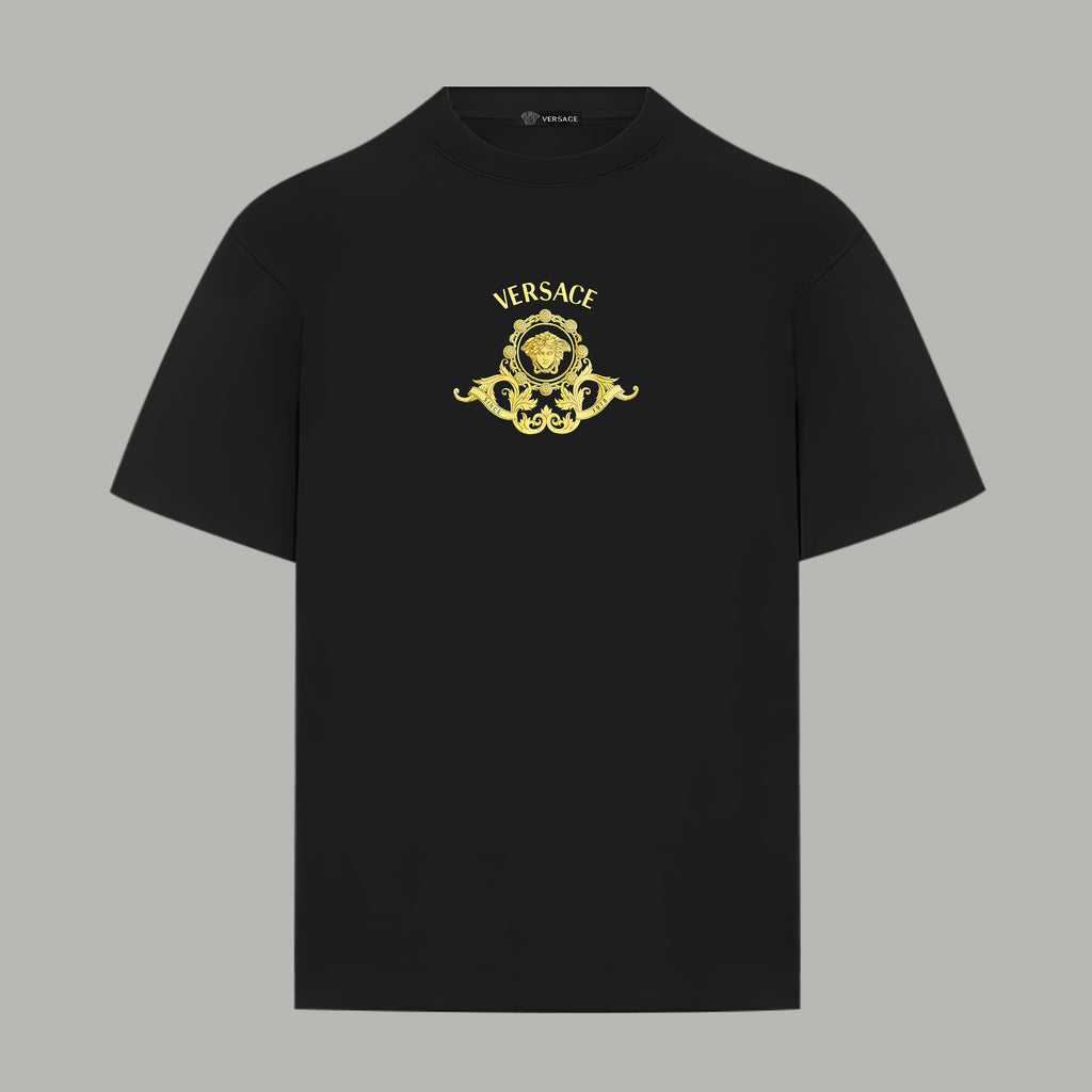 Black Versace T-shirt with gold medallion logo on front
