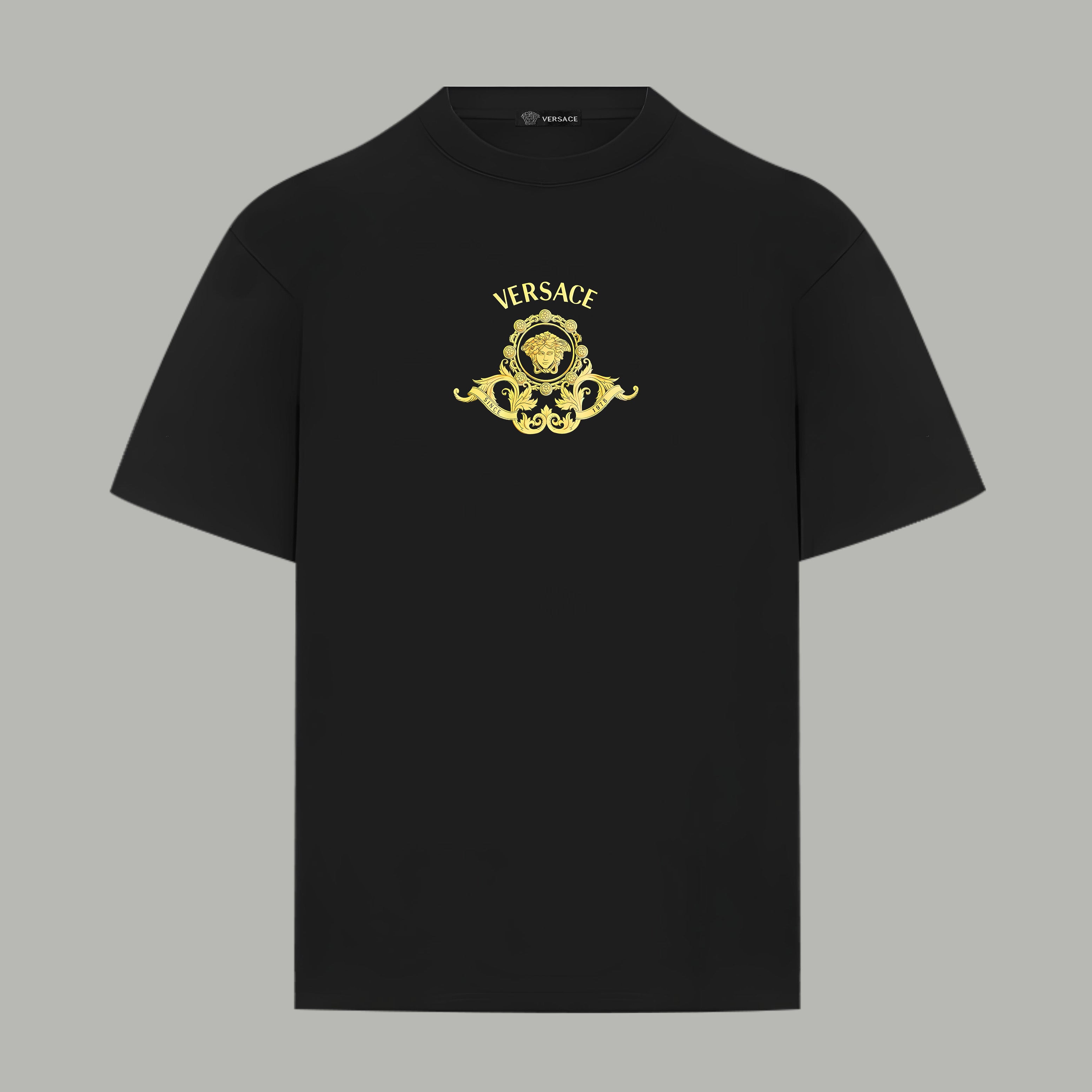 Black Versace T-shirt with gold medallion logo on front