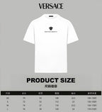 VERSACE white crew-neck T-shirt with small chest graphic, product size shown below