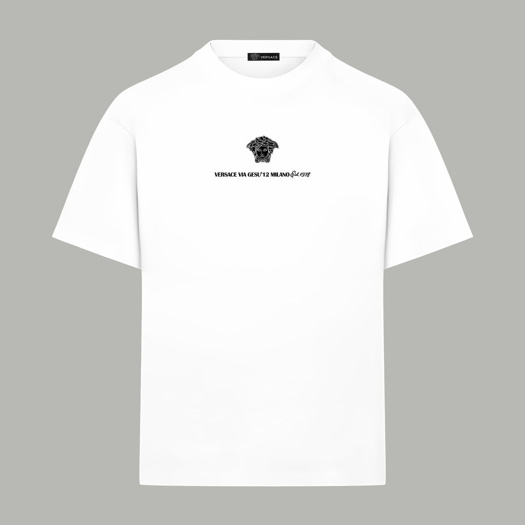 White crew-neck T-shirt with small black chest graphic print