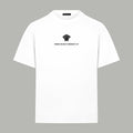 White crew-neck T-shirt with small black chest graphic print