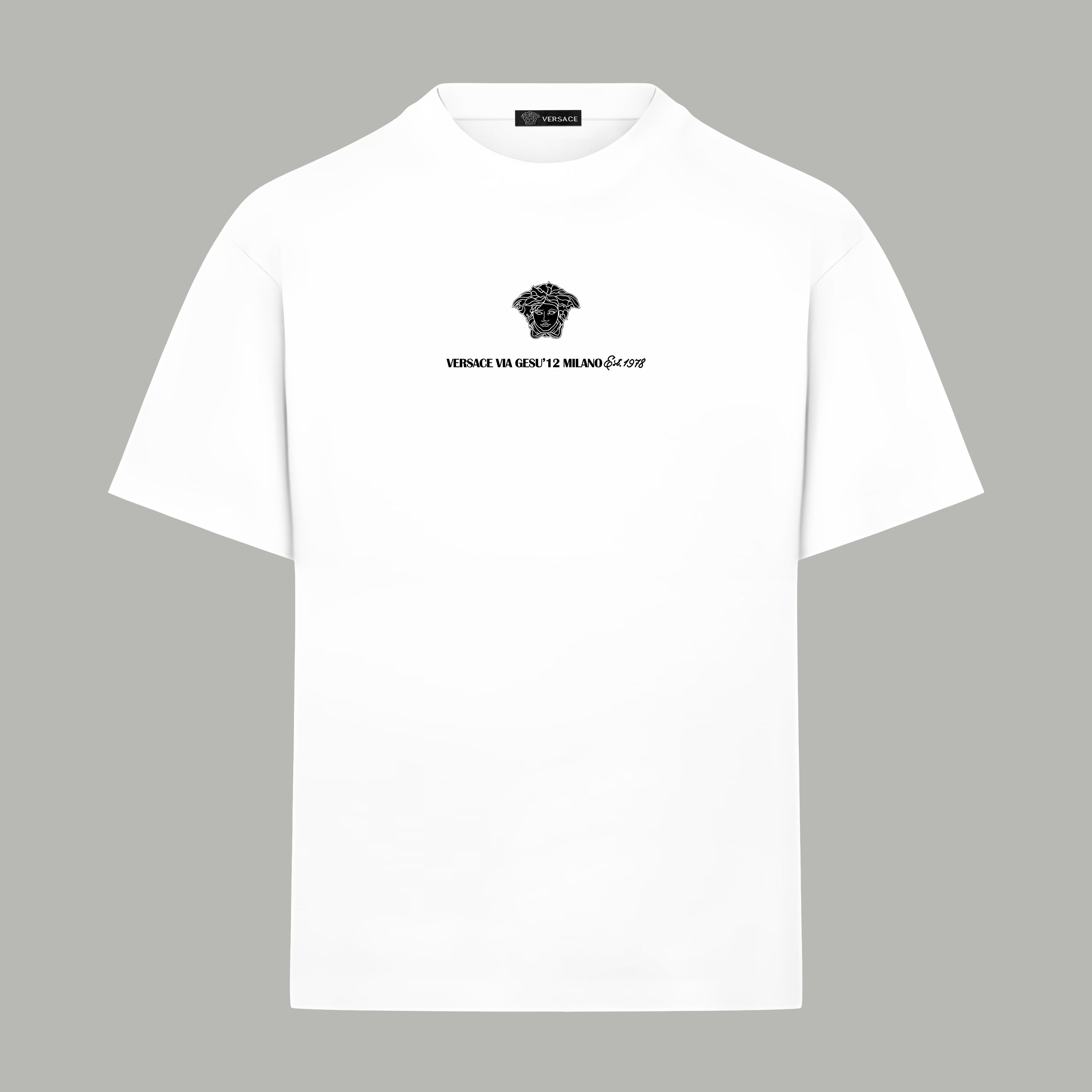 White crew-neck T-shirt with small black chest graphic print
