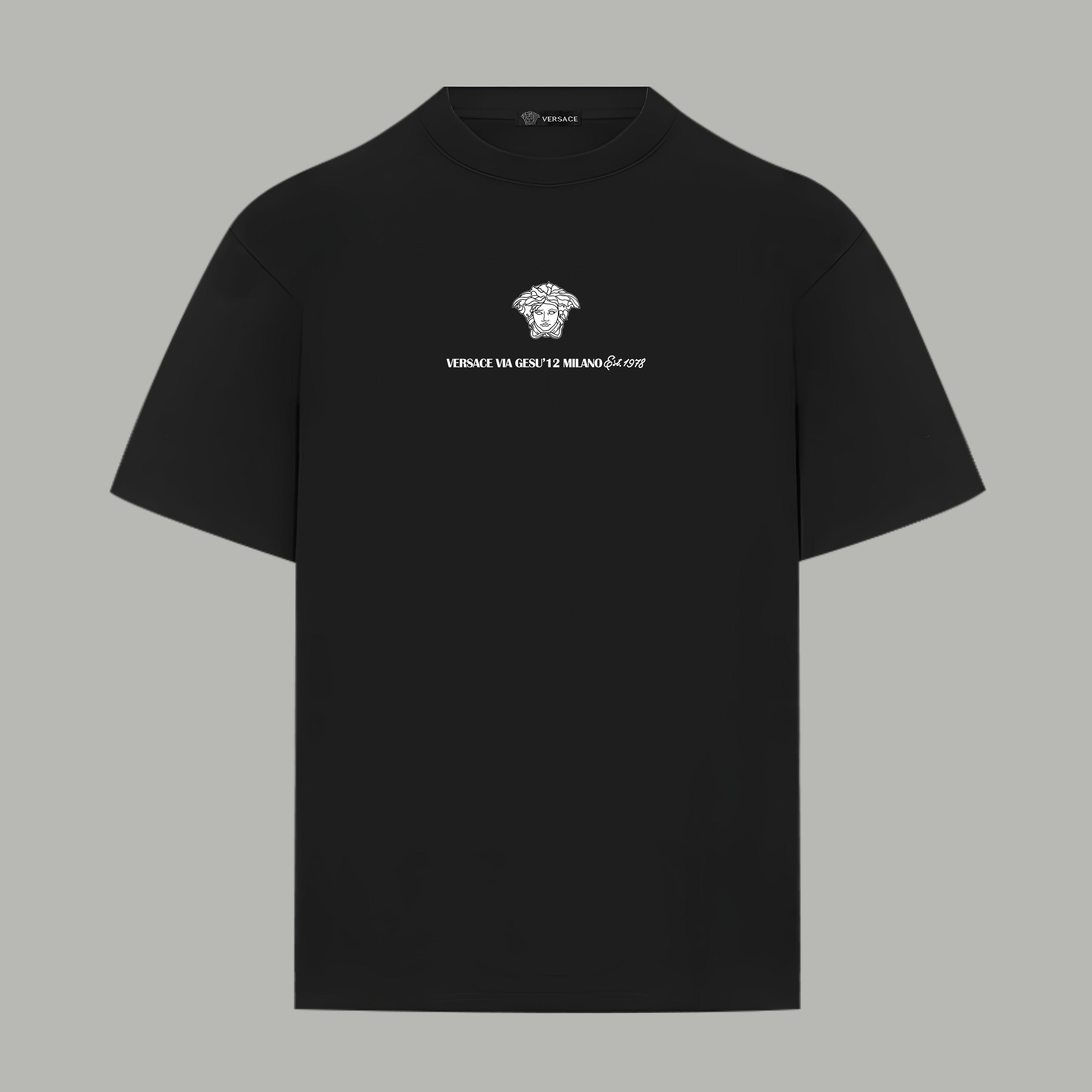 Black crewneck T-shirt with small Versace graphic on chest