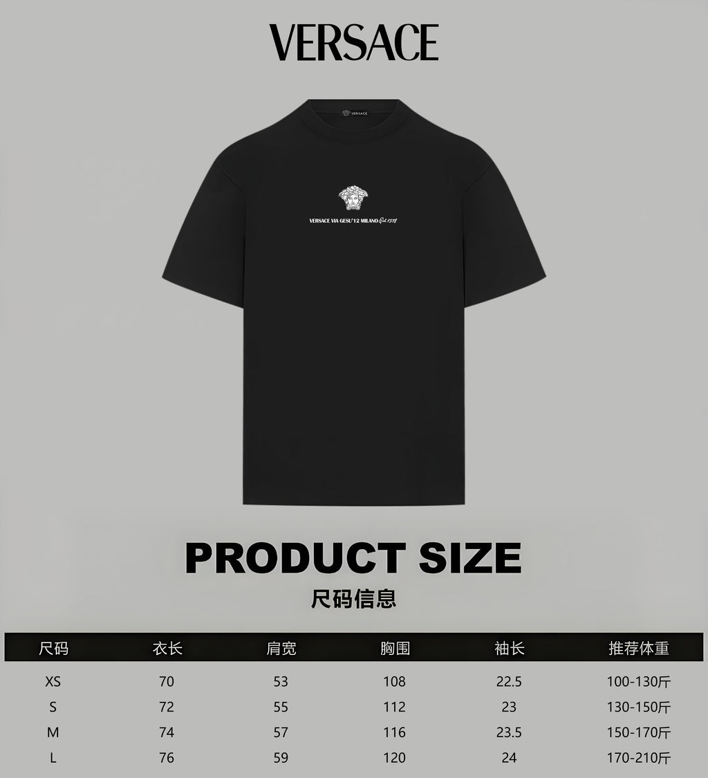 Black Versace T-shirt shown with product size chart