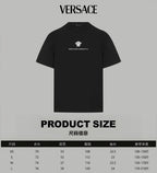 Black Versace T-shirt shown with product size chart