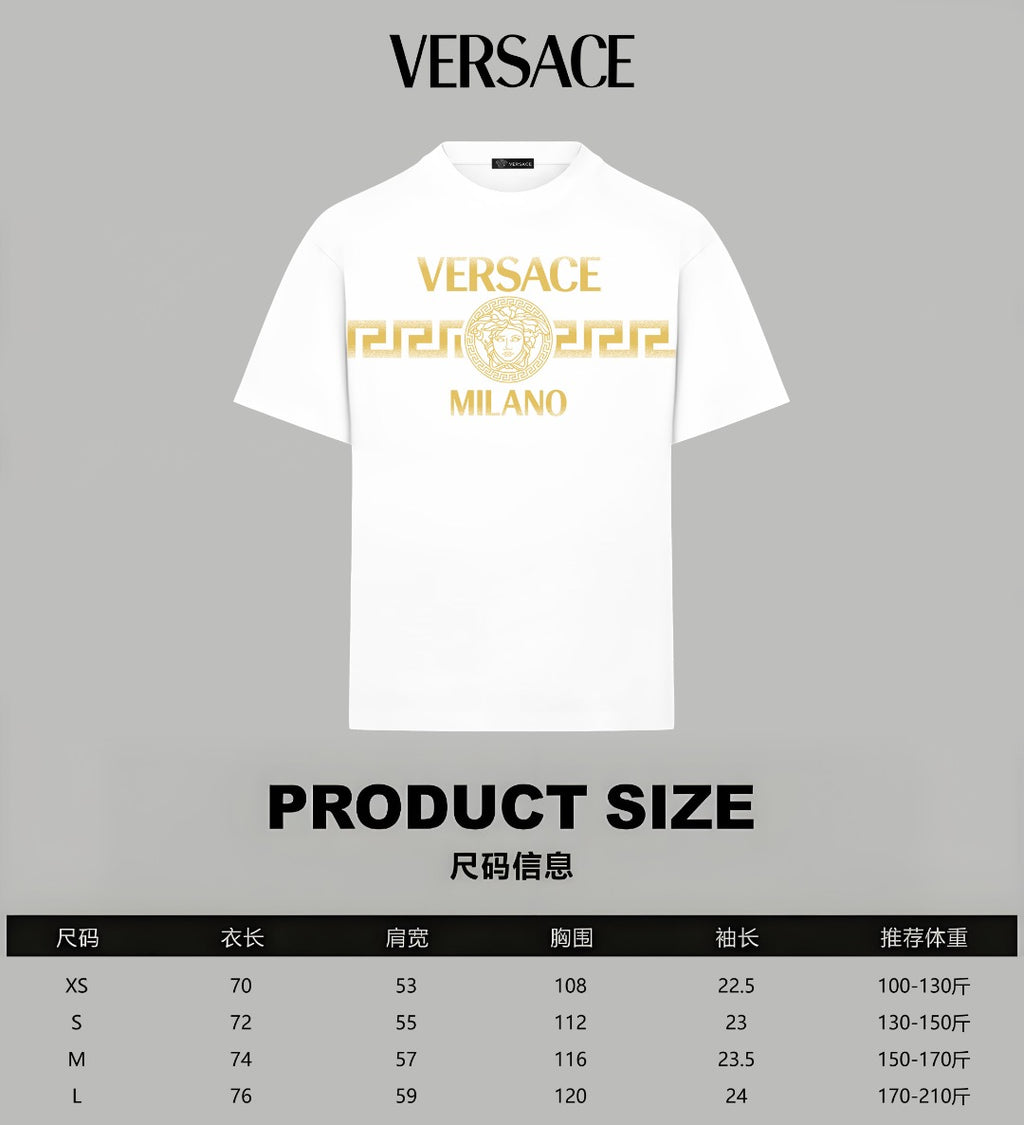 White T-shirt with gold VERSACE MILANO logo print, short sleeves, crew neck.