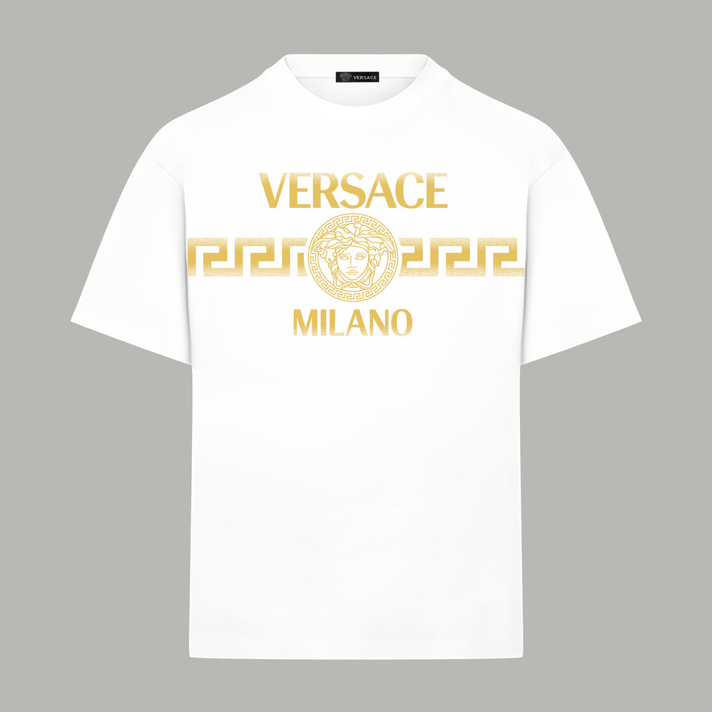 White T-shirt with gold VERSACE MILANO logo print, short sleeves, crew neck.