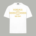 White T-shirt with gold VERSACE MILANO logo print, short sleeves, crew neck.