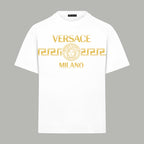 White T-shirt with gold VERSACE MILANO logo print, short sleeves, crew neck.