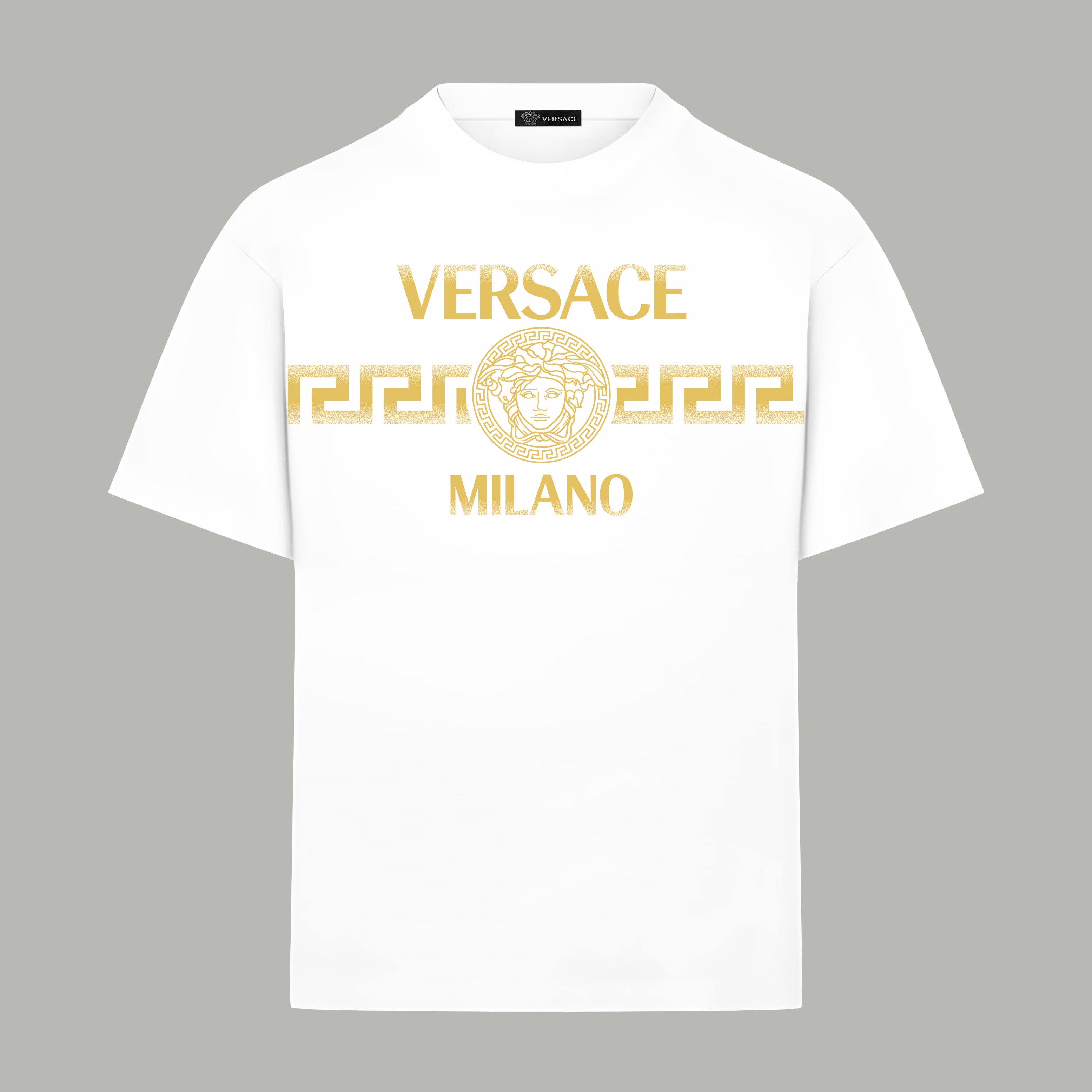 White T-shirt with gold VERSACE MILANO logo print, short sleeves, crew neck.
