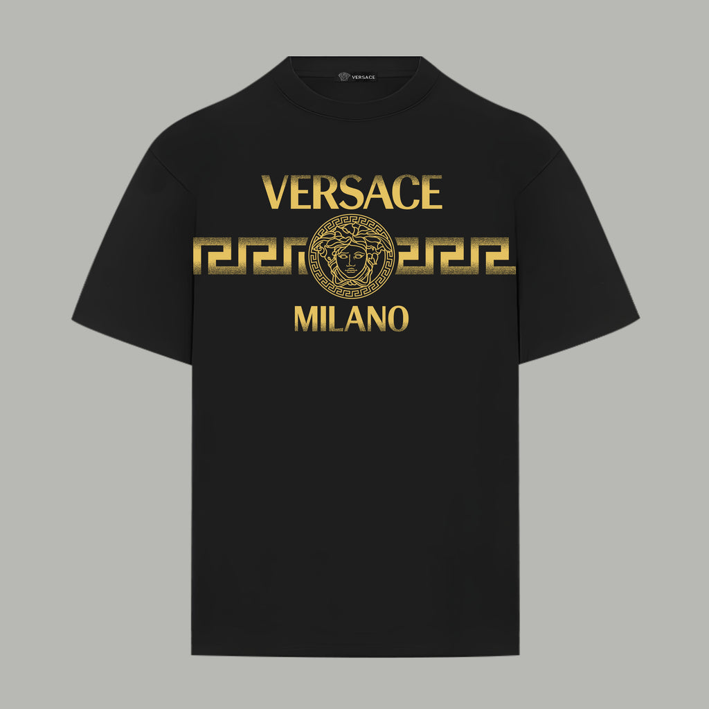 Black Versace T-shirt with gold VERSACE MILANO graphic on chest